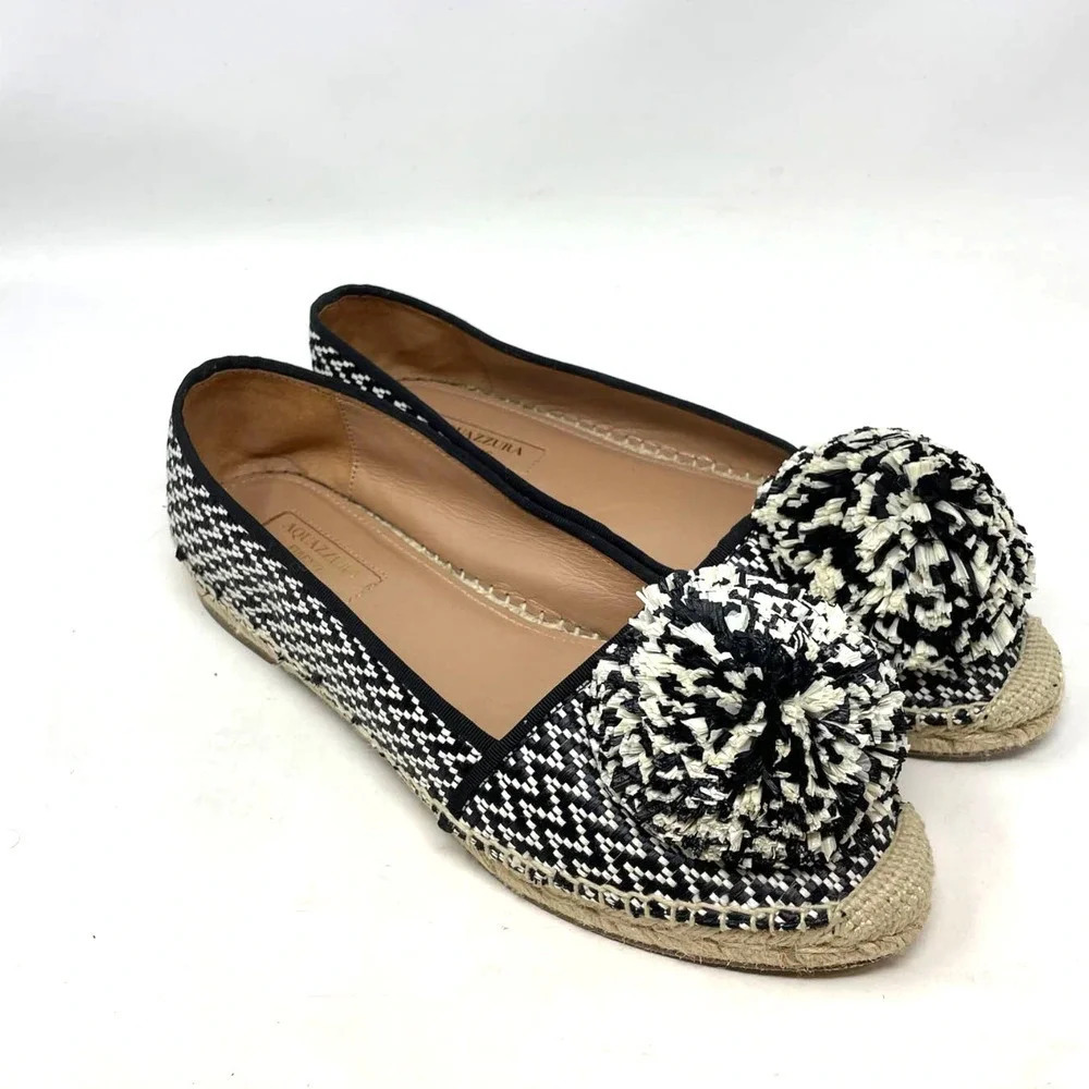 Aquazzura Pom Raffia Espadrille Flats Herringbone Black White Size 39 US 9